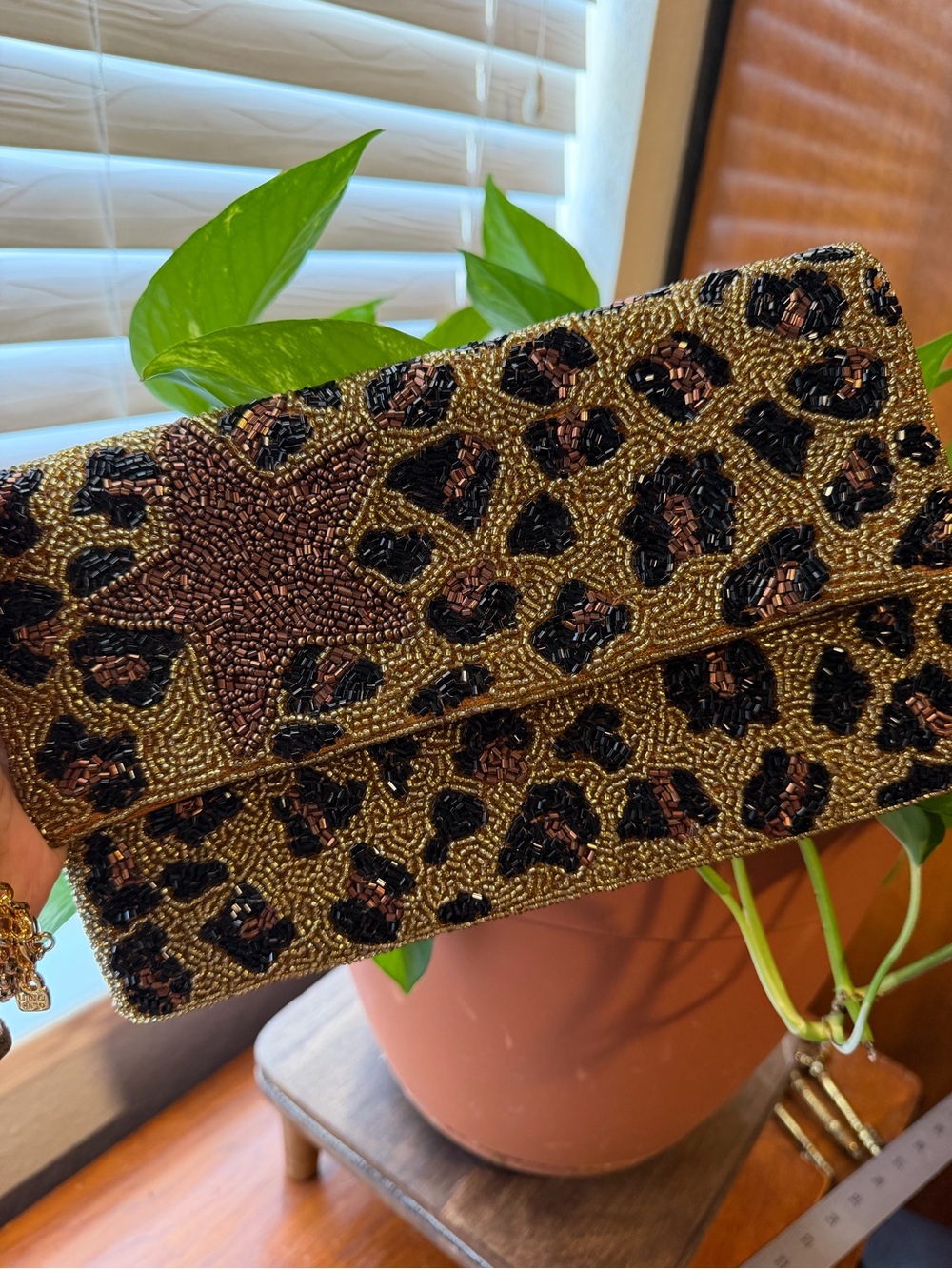 Hand Beaded Leopard Print Clutch Gold Bronze Black Statement Evening Bag